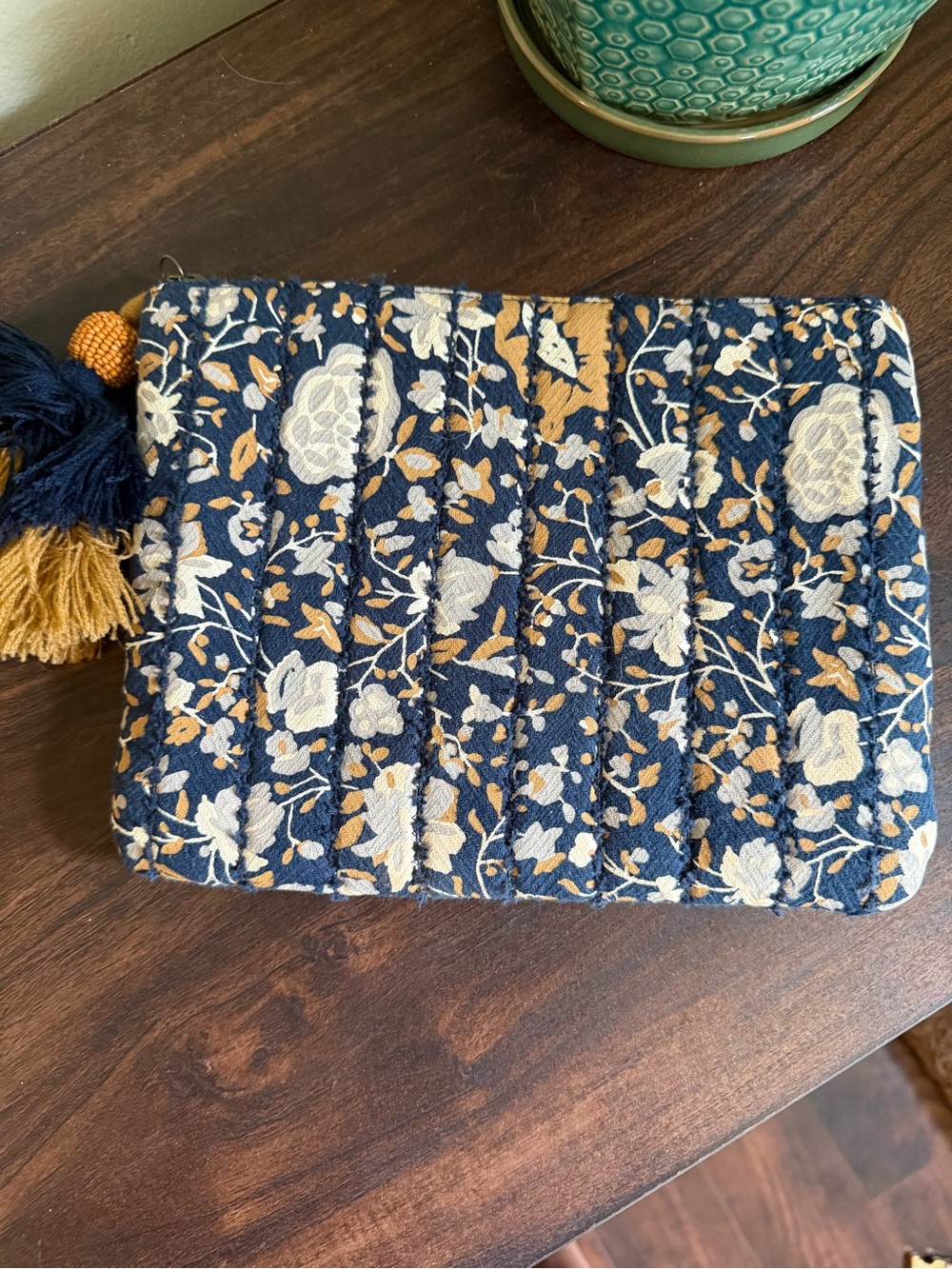 Universal Thread Navy Floral Quilted Clutch with Mustard Tassel UNUSED